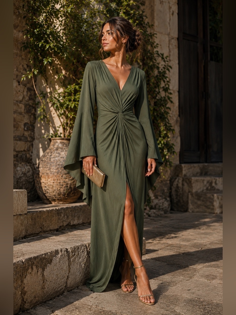 MISAโNWT Elegant Olive Green Draped Dress - small